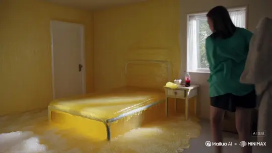一个房间里，有一个用柠檬茶做成的床，房间也是柠檬茶做的，有一个人，先走到床边，后躺了下去，盖了被子，时间大概是15秒钟[推出,上升,下摇]
一个房间里，房间是用雪碧冰沙做成的，有一个雪碧做成的床，有换了一个人，躺在了床上，然后盖上被子，时间大概是15秒钟[左移,右摇,跟随]
一个房间里，有一个可乐做成的床，房间是可乐做成的，有一个人，躺在了床上，然后盖上被子，时间大概是15秒钟[左移,右摇,跟随] by Hailuo AI Video Generator