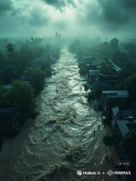 暴雨洪涝：持续的暴雨倾盆而下，降雨量远超正常水平，河流泛滥，洪水淹没了大片土地，城市街道变成一片汪洋，房屋被冲毁，人们在洪水中挣扎求生。场面震撼，超广角，远视角。 by Hailuo AI Video Generator