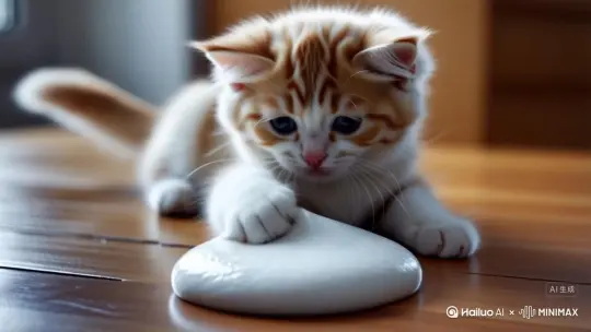 一只白橘色的小猫咪,在桌面上,面前有一块白色史莱姆,小猫咪前爪踩上去在拿起来在踩上去,风格为超现实主义,融合可爱和幽默元素,整体色调柔和,以橘白色为主,采用平视视角,猫咪位于画面中央,猫咪的表情无辜好奇,保持史莱姆的质,稳定的软体弹性 by Hailuo AI Video Generator