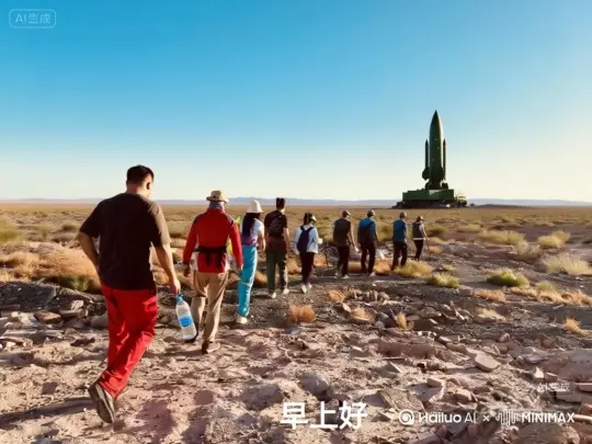 徒步的一群人一起腾空而起，起飞后飞过导弹上方，人物越来越小，镜头从仰视拍摄， by Hailuo AI Video Generator