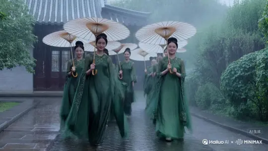 雨中走来了一群窈窕秀美的中国古典绿衣女子，她们撑着轻薄的油纸伞在雨中漫步。柔软的绣花绿纱袖从手腕；轻轻滑落，露出嫩笋般的手臂；一张张笑容荡漾的面庞，随着轻捷的步子不停地旋转着，那飘逸的袖角、裤裙如阵阵绿风、绿烟、绿雾 by Hailuo AI Video Generator