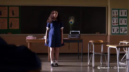 她做好了准备动作，音乐轻轻的，她也随着音乐的节奏，变化着动作。她站在教室中央，录音机里放着孔雀曲。这位舞姿优美的同学时而脚步轻缓，像平湖里推涌的波浪;时而又想卷在旋风里的树叶，疾速飞转……她的舞姿轻盈时如春燕展翅，欢快时似鼓点跳动，缓慢时如低音琴声，高兴时似小鸟雀跃，显得十分潇洒、优美、舒展。全教室都洋溢着她的热情。 by Hailuo AI Video Generator