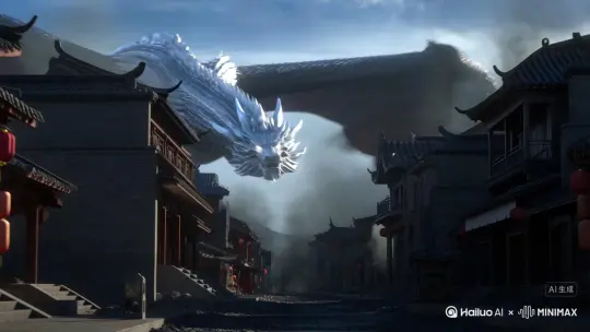 镜头拉远跟随，白天，一头霸气威武的巨大中国的银白色巨龙正在向镜头方向飞来，龙首逐渐放大，张嘴咆哮，双眼闪着白光，雷电在它周围萦绕，两侧古风街道的房屋逐渐崩塌，地面开裂，碎石飞溅，烟尘弥漫，灾难大片氛围，玄幻大片感 by Hailuo AI Video Generator