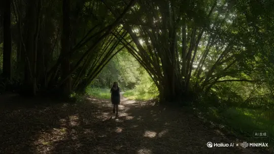阳光透过茂密的树叶，洒在一条蜿蜒的小路上。小路的尽头，是一片神秘的森林，树木高大而茂密，枝叶交错，形成了一个天然的拱门。
一个身穿校服的七八岁的小姑娘沿着小路走进森林，镜头跟随他移动。森林里光线昏暗，四周的树木高大挺拔，地上铺满了厚厚的落叶，她突然停下脚步，脸上露出警惕的表情。她听到了一阵奇怪的声音，像是某种动物在低声咆哮。 by Hailuo AI Video Generator
