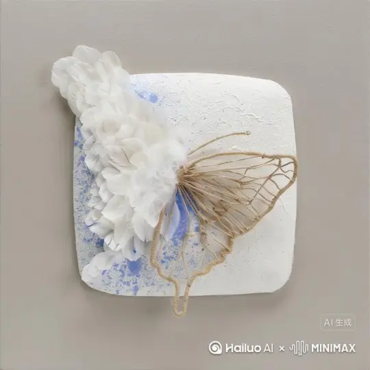 尝试让这个装置艺术画的内容动起来，蝴蝶一开始不在上面，然后自然灵动地飞到此处后静止变成画面的模样 by Hailuo AI Video Generator