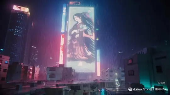 画面内容：
无人机俯拍新宿歌舞伎町。巨型全息艺妓投影（30层楼高）与破败的胶囊公寓形成垂直贫富对比。雨幕折射霓虹光污染（品红/靛蓝/荧光绿），艾娃的黄色雨衣在巷口一闪而过。

风格：
赛博朋克（银翼杀手2049 x 攻壳机动队）｜潮湿反光路面｜亚洲未来主义

构图：
大广角（12mm）倾斜构图，全息广告占据画面3/4压迫空间

光线：
霓虹招牌频闪照明，阴影区保留胶片颗粒噪点

运镜：
缓降无人机镜头（Steadicam模拟）→ 突然急推至巷口雨衣特写

情绪氛围：
科技高压下的孤独恐惧｜每秒闪烁3次的红色警报灯强化危机节奏 by Hailuo AI Video Generator