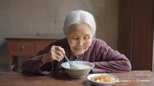 一个白发苍苍的老太太，在吃白粥配菜脯 by Hailuo AI Video Generator