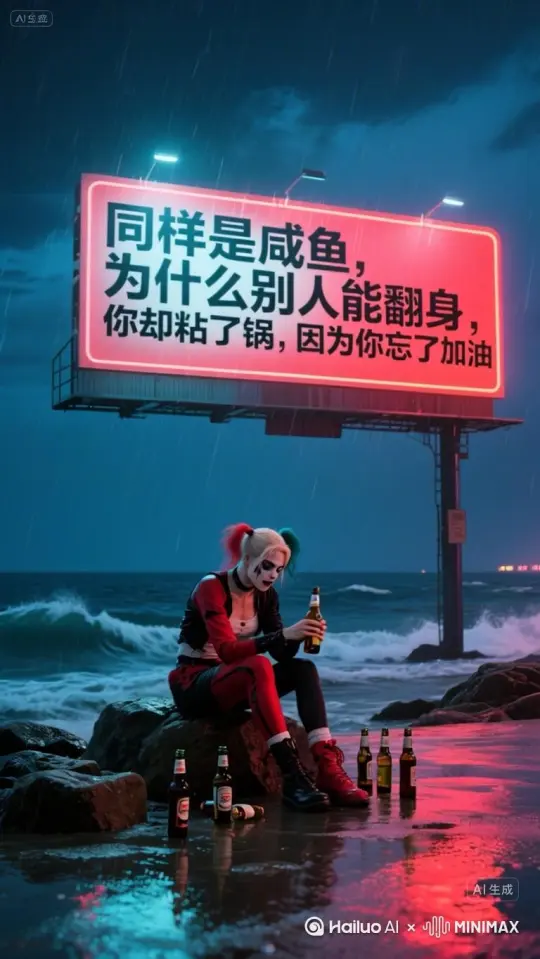 小丑女喝着啤酒，悲伤，最后大叫仰望天空，站起身朝着镜头走来 by Hailuo AI Video Generator