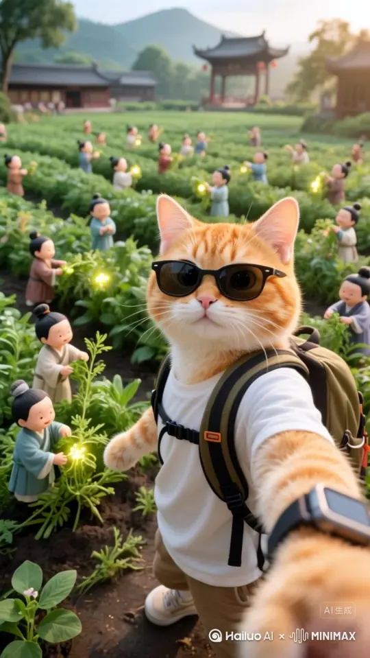 橘猫拿着自拍杆，镜头慢慢前进，众多修仙小人在巨大的药田旁忙碌地采摘炼丹材料，药草散发着奇异的光芒。 by Hailuo AI Video Generator