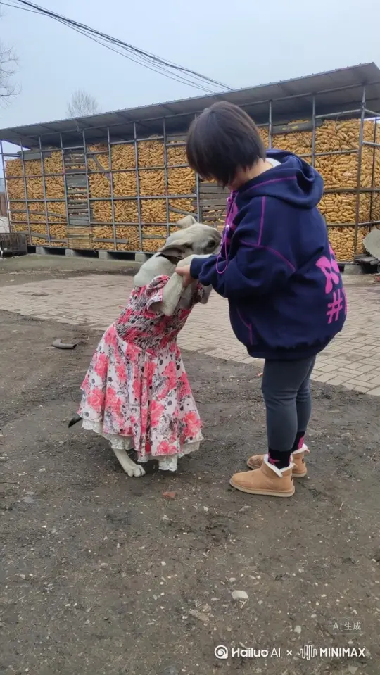 人物和狗狗一起旋转跳舞，互相旋转，非常的快乐非常的开心，越转越快越转越快，最后狗衣服变成了大量的玫瑰花 by Hailuo AI Video Generator