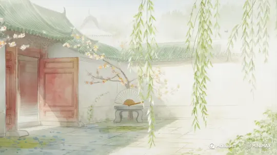 画面内容:朦胧水雾中的秦府庭院,青瓦白墙被淡墨色晕染,几株垂柳的枝条以写意笔触斜斜划过画面,枝头新绿带着水彩特有的半透明质感。庭院角落的石桌上,放着一把未收起的团扇,扇面墨迹洇染如淡云
风格:中国传统水彩画,线条柔和,色彩淡雅,大量留白营造空灵意境
关键元素:半开的朱漆院门(红色以淡赭石调和,避免过于鲜艳),墙头探出的几枝杏花(花瓣用粉白加少量藤黄晕染),地面青石板缝隙间的青苔(以花青加墨点染)
情绪氛围:静谧中暗藏张力,如宣纸般脆弱的平静感
运镜方式:缓慢摇镜,从院门摇至庭院深处,镜头边缘故意保留轻微的水彩晕染效果
构图:竖式构图模仿卷轴画,庭院景物沿对角线分布,右上留白题字处(虚写 “秦府” 二字)
光线:清晨散射光,如薄纱笼罩,物体阴影被淡化成浅灰蓝色
色彩:以赭石、花青、藤黄为基调,整体偏冷色调,仅杏花点缀少量暖色
镜头类型:广角镜头,包容庭院全景,强化空间的纵深感 by Hailuo AI Video Generator