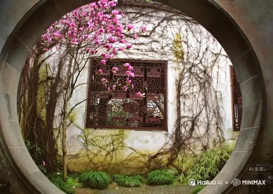 镜头拉伸，由进及远，版友幽静的小路，路旁广植花草 by Hailuo AI Video Generator