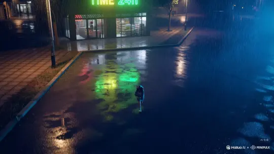 [画面描述]  
Cinematic wide shot, hyper-detailed rain scene at night,  
**Top-down perspective** raindrops exploding into **neon turquoise and magenta splashes** on wet asphalt road,  
A 22-year-old girl (**Linda**) in oversized gray hoodie running through puddles, **hood covering hair**, hugging canvas bag tightly to chest,  
Convenience store neon sign flickering **"TIME 24h"** in background with **green-yellow glow reflecting on rain**,  
**Dramatic lighting**: Street lamps casting long blue shadows, raindrops sparkling like shattered glass,  
**Style**: Hyperrealistic 3D animation with **Blender cinematic textures**,  
**关键细节**: Slow motion close-up on water splashes from her sneakers,  
**镜头运动**: Camera tilts up from ground to eye-level as footsteps stop abruptly by Hailuo AI Video Generator
