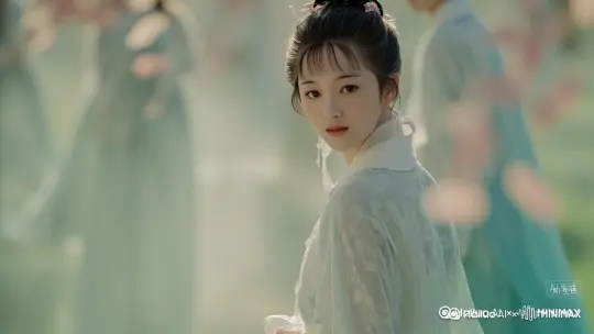 左环移镜头，清风拂徐，少女回眸一笑百转身离开，空中花瓣飞舞 by Hailuo AI Video Generator