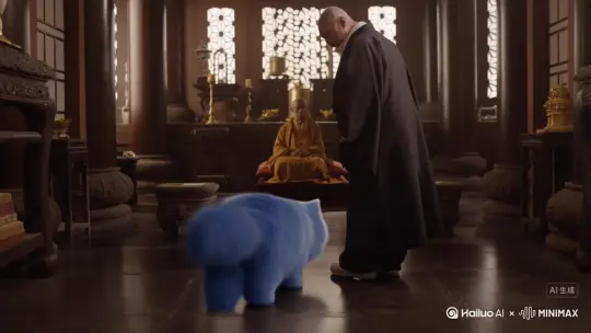 [跟随]一只一只蓝色的胖胖的猫跟在一个校长的后面，他们去拜访一个老和尚，老和尚身上掉下来黄金 by Hailuo AI Video Generator