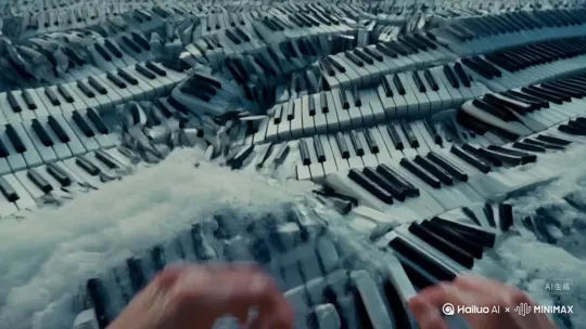 帮我生成一个视频：生成一个人第一视角在满是琴键的海洋里游动 琴键随着浪游动 人的双手在琴键海中飘荡试着漂浮在海面上 被浪击打着 周围发出无规律的琴声 by Hailuo AI Video Generator