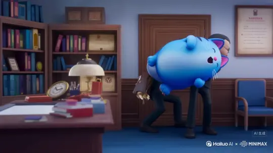 3D动画风格，画面主体是一个蓝色的胖猫，耳朵内侧为粉色，有着白色的胡须和粉色的鼻子，此时的胖猫晕倒了 被其他人抬进了南山校长办公室 ，一进来胖猫被冻成了冰棍儿 ，而穿着西装的校长却说这还算不冷 ，于是胖胖把校长请了出去 结果校长直接被热成烤肉了 by Hailuo AI Video Generator