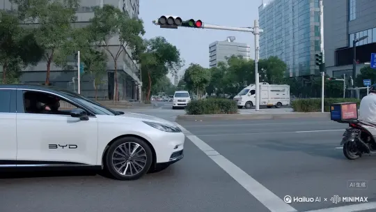 一辆白色的比亚迪汽车，闯红灯撞飞一个美团骑士，外卖和人一起被撞飞数米远[右摇,变焦推进] by Hailuo AI Video Generator