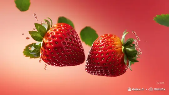 一幅超写实风格的特写画面，两颗草莓在空中相撞，画面捕捉到了碰撞瞬间，水花四溅、动感十足。鲜红的草莓展现出多汁的内部结构，四周环绕着飞溅的水滴和漂浮的绿色叶片。画面采用电影感光影，背景为鲜艳的渐变色，从柔和的珊瑚粉过渡到浓郁的草莓红，并带有细腻的暖色高光。整体画面呈现柔焦效果和浅景深，构图动态鲜明，视觉焦点集中在草莓碰撞的中心。 by Hailuo AI Video Generator