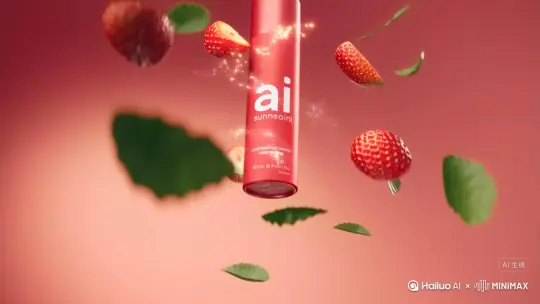 一幅超写实、极具现代感的特写画面，
一罐鲜艳草莓红色的“ai防晒霜”（白色大写字母）一瓶圆柱形草莓红色防晒霜在慢动作中下落。背景为电影感渐变色，从柔和的珊瑚粉过渡到深莓果红，充满层次感与氛围。画面中加入飞溅的水花、发光的反射、高速旋转的草莓切片和环绕的绿色叶片，圆柱形草莓红色防晒霜身后带有雾气拖尾。整体光效戏剧性强，镜头略带倾斜，并配合浅景深模糊，营造出强烈动感与高能量的开场视觉冲击。 by Hailuo AI Video Generator