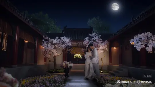 一个身着睡衣的汉服少年躺在床上梦见自己和喜欢的爱人在庭前相拥慢慢走着赏月观花，生成视频，比例是9:16 by Hailuo AI Video Generator