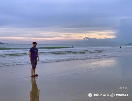 男子右边的沙滩上，一个女外星人开心的跳着草裙舞 by Hailuo AI Video Generator