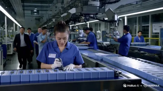 《马斯克爱上在比亚迪当厂花的我》

人物：林晓（穿蓝色工装，扎高马尾，正在质检电池模组）、马斯克。流水线的机械臂规律运作，林晓正用检测仪仔细检查电池接口，突然听到一阵骚动。她抬头，看见一群人簇拥着个金发男人走来——是马斯克。高管介绍：“马斯克先生，这是我们的明星产线，合格率常年保持99.9%，这位是林晓，我们的‘质量标兵’，连续三年零失误。”[左摇,变焦推进]马斯克的目光落在她沾着少许电解液痕迹的手套上，笑了：“零失误？这比SpaceX的火箭回收还难。” by Hailuo AI Video Generator