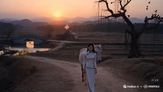 枯藤老树昏鸦，小桥流水人家，古道西风瘦马。夕阳西下，断肠人在天涯。
天色黄昏，一群乌鸦落在枯藤缠绕的老树上，发出凄厉的哀鸣。小桥下流水哗哗作响，小桥边庄户人家炊烟袅袅。古道上一匹瘦马，顶着西风艰难地前行。夕阳渐渐地失去了光泽，从西边落下。凄寒的夜色里，只有孤独的旅人漂泊在遥远的地方。
江南鱼米之乡，东方国风旗袍美女。 by Hailuo AI Video Generator