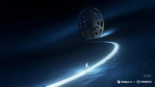超現實主意，浩瀚宇宙，3D，星光閃耀，一个小人在黑暗中穿梭，小人体約画面十分之一大小，背景絲滑，光線繚繞，光圈延伸出一道階梯，小人在階梯上行走，宇宙中出現一个時间轉動的巨輪襯托[推进,右摇,变焦推进] by Hailuo AI Video Generator