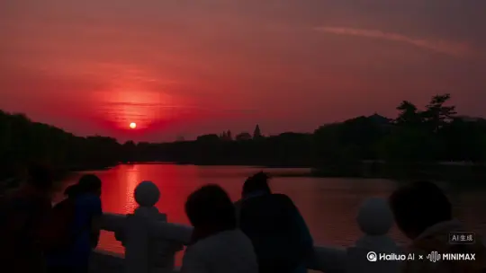 凌晨，东湖凌波门的泳台上聚满观看曰出的人群，远处水面上的一轮红日慢慢升起，映红水面，也将天空映红，煞是好看，观日的人们尽情高呼，眺望，呈现一片欢呼雀跃的景象！[右移,左摇,跟随][固定镜头][推出,上升,下摇][左移,上升] by Hailuo AI Video Generator