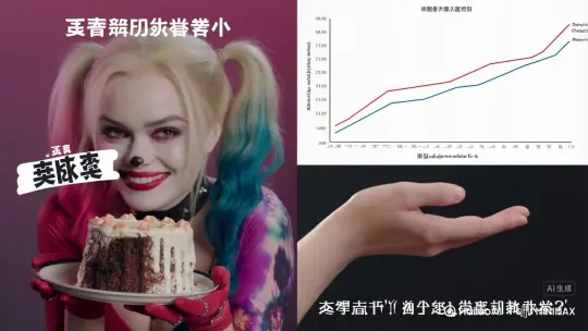 1.《他说"我养你"时-》
[左图]哈莉捧毒蛋糕邪笑剧照+"布丁里掺砒霜才甜"手写标语
[右图]女性职场晋升曲线vs掌心向上要钱截图底部暴击:
"亲爱的，他喂你的‘糖..”够买得起阿卡姆的锁链吗? by Hailuo AI Video Generator