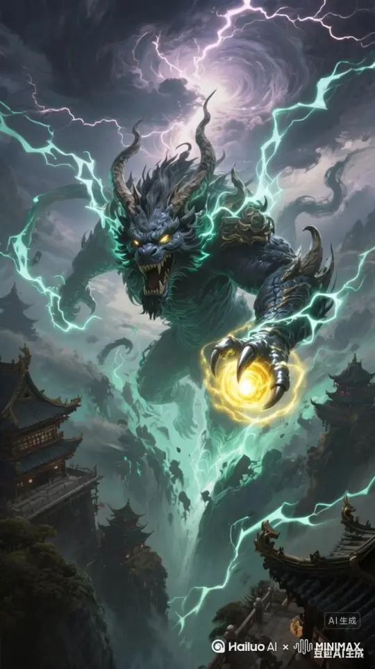 场景云，雷电真实自然，凶兽缓缓向前走来，手的能量团金光四周游走，电影级别的视觉效果 by Hailuo AI Video Generator