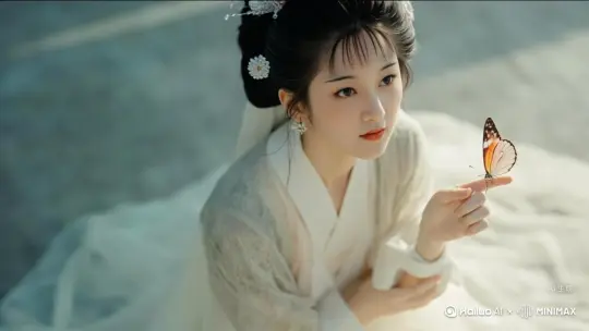镜头平移向后，风拂过少女发梢，蝴蝶煽动翅膀，少女微笑看着蝴蝶 by Hailuo AI Video Generator