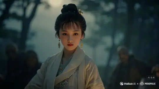 环绕镜头，围绕人物拍摄，主体脸部凝视镜头邪魅微笑，微风吹过人物飘逸的长发，大师级别作品。 by Hailuo AI Video Generator