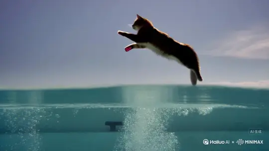 当空翻的弧线抵达顶点,猫轻盈收拢四肢如离弦之箭俯冲而下。入水刹那,粉红肉垫率先破开水面,溅起的水珠如碎钻悬浮空中,而身体却像刀刃滑入丝绸般平滑。水面仅泛起一圈涟漪,仿佛被猫尾轻轻点化的魔法纹路——这分明是顶级跳水选手的"零水花"秘技,却被它用绒毛覆盖的躯体演绎出新的诗意。
水下的慢镜头更显惊艳:被气泡包裹的猫伸展腰肢,爪尖勾出芭蕾舞者般的绷直线条,蓬松尾巴如螺旋桨优雅搅动水流。阳光穿透池底,在它琥珀色的瞳孔里折射出星芒,每一根飘动的胡须都丈量着水流的速度与力度。此刻它不再是陆地猎手,而是化身人鱼与飞鸟的混合体,用液态的舞台证明:重力,从来困不住真正的优雅。 by Hailuo AI Video Generator