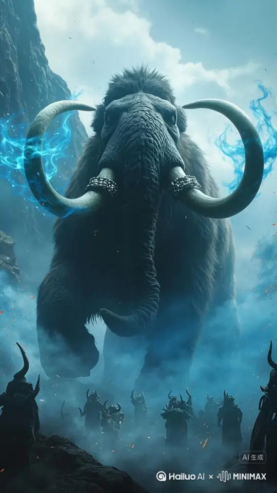 镜头再拉远一点，拍摄猛玛象与魔族士兵战斗的场景 by Hailuo AI Video Generator