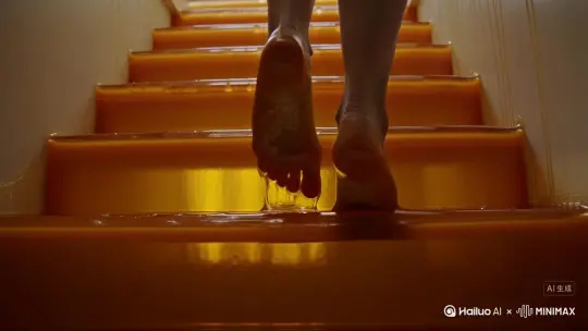 在房子里，一个女人光脚上楼梯，楼梯是蜂蜜做的，随着女人楼梯伴随着黏糊糊的声音， by Hailuo AI Video Generator