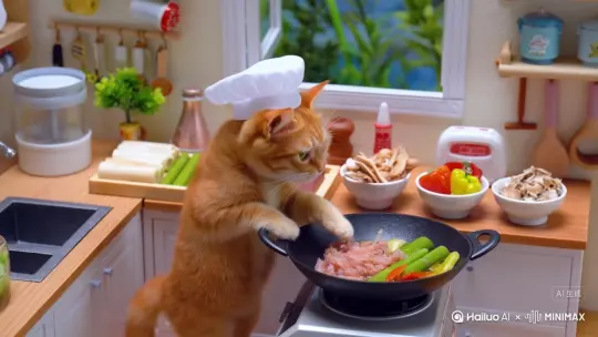 猫咪做饭，做鱼香肉丝的教程 by Hailuo AI Video Generator
