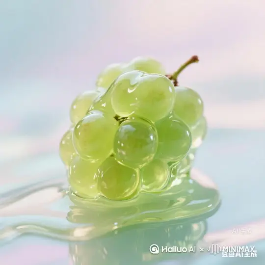 透明玻璃葡萄，一只拿着刀子，切开，葡萄像玻璃一样碎裂，掉下晶莹剔透，露出果冻质感，湿润反光，背景有缓缓静静的水流 by Hailuo AI Video Generator