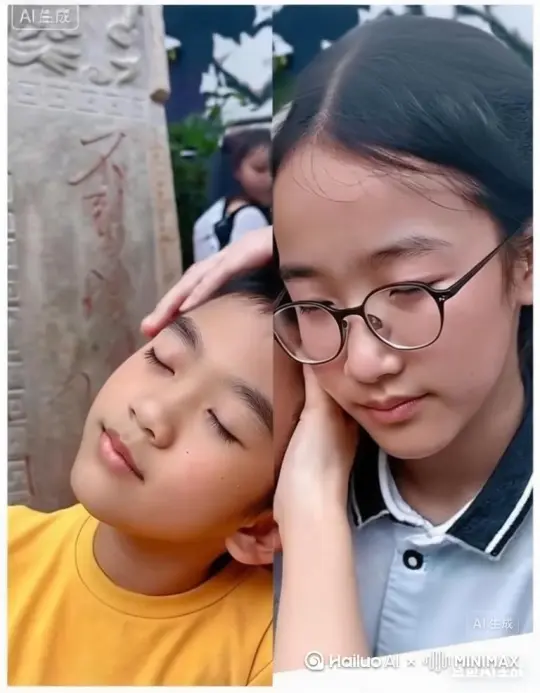 女生摸摸男生的头随后将手放进男生衣服里，二人伸出舌头，先在对方舌尖上碰了碰随后将自己的舌头放进对方嘴里。[左移,上升] by Hailuo AI Video Generator