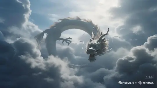 镜头拉远，展现出云潮翻涌中，龙在云层里穿梭盘旋的情景。 by Hailuo AI Video Generator