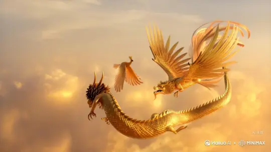 一条龙一只凤凰在天空飞舞，金色渲染。 by Hailuo AI Video Generator
