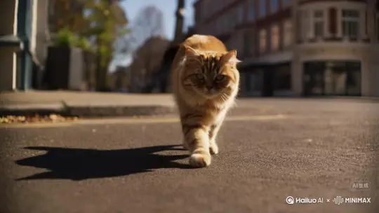 一只金渐层猫在街上正面走来，然后趴下，微笑着，伸出前爪两个手指比划了个“胜利”手势，鱼眼视角，真实拍摄场景 by Hailuo AI Video Generator