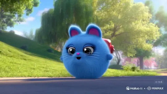 @zl.: 3D动画风格，画面主体是一只蓝色的胖猫，耳朵内侧为粉色，有着白色的胡须和粉色的鼻子。背着红色的小书包蹦蹦跳跳 by Hailuo AI Video Generator