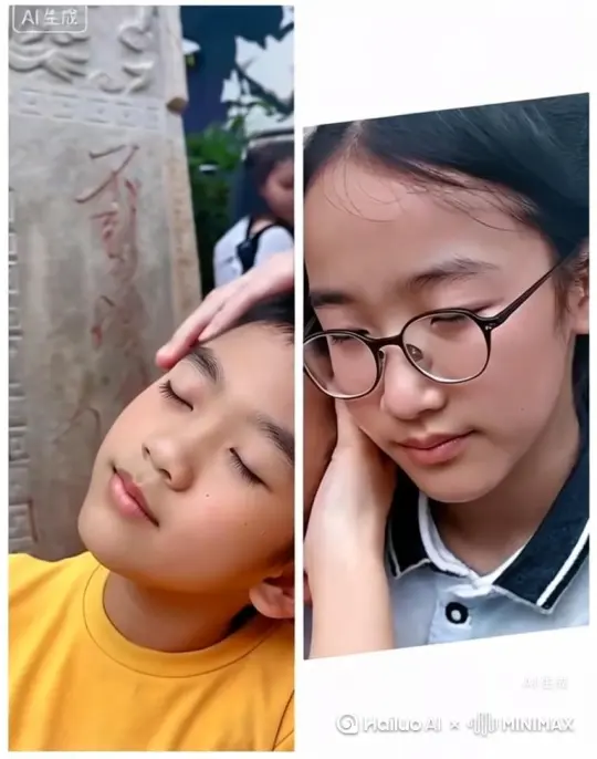 女生舔了舔嘴唇，男生一脸惊讶，看着男生的嘴唇直接吻了上去[右移,左摇,跟随] by Hailuo AI Video Generator
