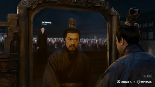 第三章：历史的漩涡
 
咸阳城内，夜幕降临
 
1. 秦始皇的野心
 
铜镜映出林小明的倒影时，秦始皇的指甲掐进掌心。他从未如此清晰地看见未来——那个穿黑衣的人身后，站着无数举着手机的“未来人”。
 
“朕要让他们也看看朕的暴政！”他狂笑着按下直播键，却在弹幕里发现异常：有条弹幕写着“小心赵高”。
 
伏笔：
 
直播权限：秦始皇的直播实为“时神-α”开放的“历史记录窗口”，弹幕是未来人试图干预历史的痕迹。
 
赵高的阴谋：赵高已暗中操控“监督程序”的部分权限，计划利用时空锚点达成自己的目的。
 
主角心理活动：
秦始皇的内心被前所未有的野心和好奇所驱使。他看着铜镜中的未来景象，感受到一种前所未有的力量。他渴望掌控这一切，将自己 by Hailuo AI Video Generator
