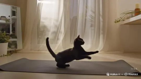 一个可爱的小黑猫穿着瑜伽裤在瑜伽垫上练拜日式，动作做完完整拜日式q，镜头在侧面，广角中距离，房间明亮，窗户白色窗帘飘起 by Hailuo AI Video Generator