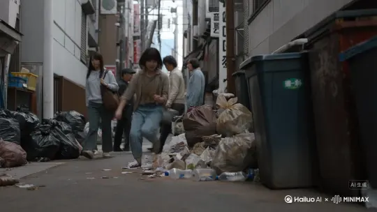 平成生成一个很傻很傻的妹妹，到处捡垃圾，然后被人嫌弃。镜头的最后是这个女孩坐在垃圾堆旁边独自哭泣。 by Hailuo AI Video Generator