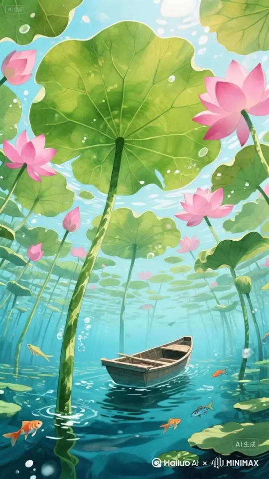 船在前行 [跟随]荷叶荷花晃动 水在荡漾 by Hailuo AI Video Generator