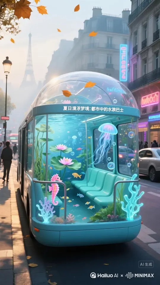 海洋生物在游动，街上人来人往[左移,右摇,跟随] by Hailuo AI Video Generator
